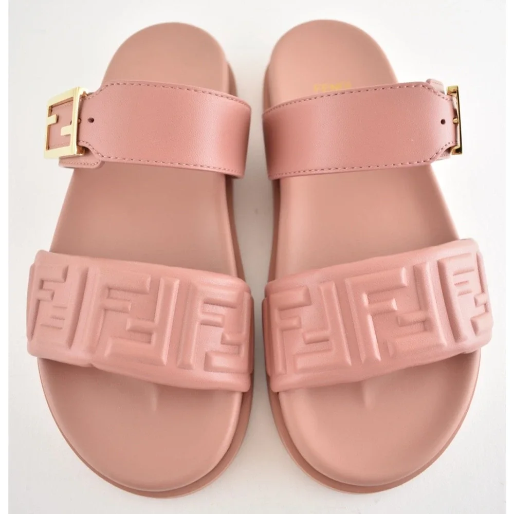 Fendi Feel Slide Pink Brick Leather FF Baguette Logo Gold Mule Flat Sandal 37